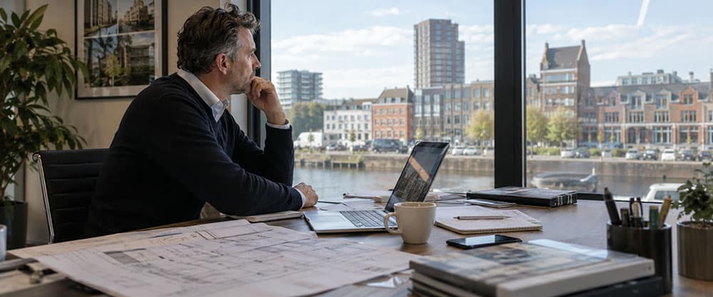 toekomst-taxateur-ipd-opleidingen Vastgoedtaxateur beoordeelt vastgoedgegevens en bouwplannen vanuit een kantoor met uitzicht op Nederlands vastgoed