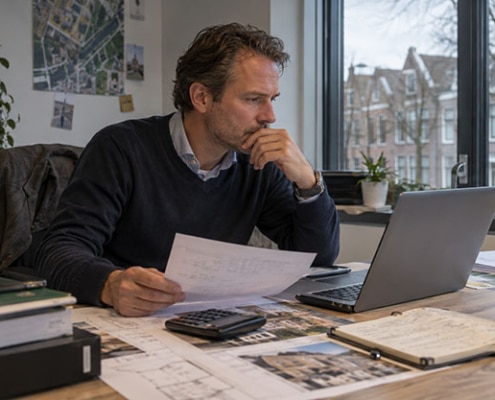 Vastgoedtaxateur analyseert taxatiegegevens en bouwtekeningen achter zijn laptop in een Nederlands kantoor
