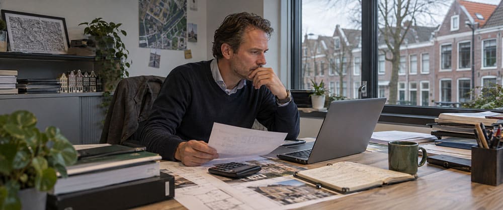 vastgoedtaxateur-ipd-opleiding Vastgoedtaxateur analyseert taxatiegegevens en bouwtekeningen achter zijn laptop in een Nederlands kantoor