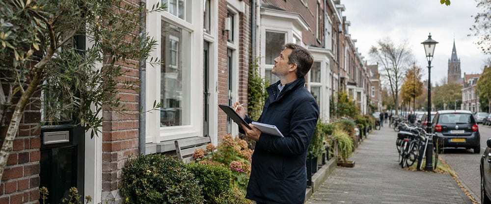 word-geregistreerd-taxateur-ipd Vastgoedtaxateur inspecteert een woning in een Nederlandse woonstraat met tablet en notities