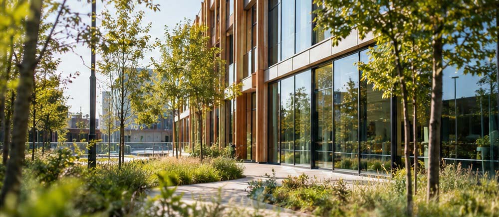 esg-data-vastgoedtaxatie-analyse Modern duurzaam kantoorgebouw met veel glas, houten gevelelementen en groene beplanting.