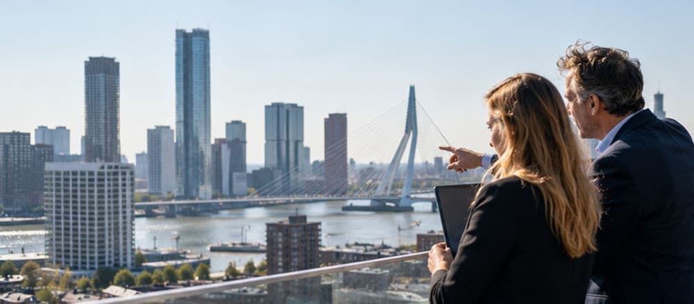 Twee vastgoedprofessionals bespreken de waarde van commercieel vastgoed met uitzicht op de skyline van Rotterdam.