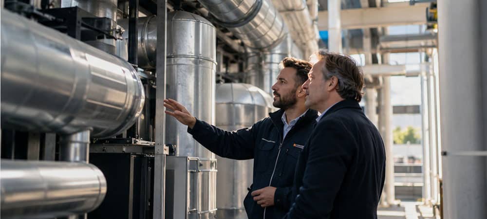 gebouwprestaties-esg-vastgoedtaxatie Twee vastgoedprofessionals inspecteren technische installaties om de gebouwprestaties te beoordelen.